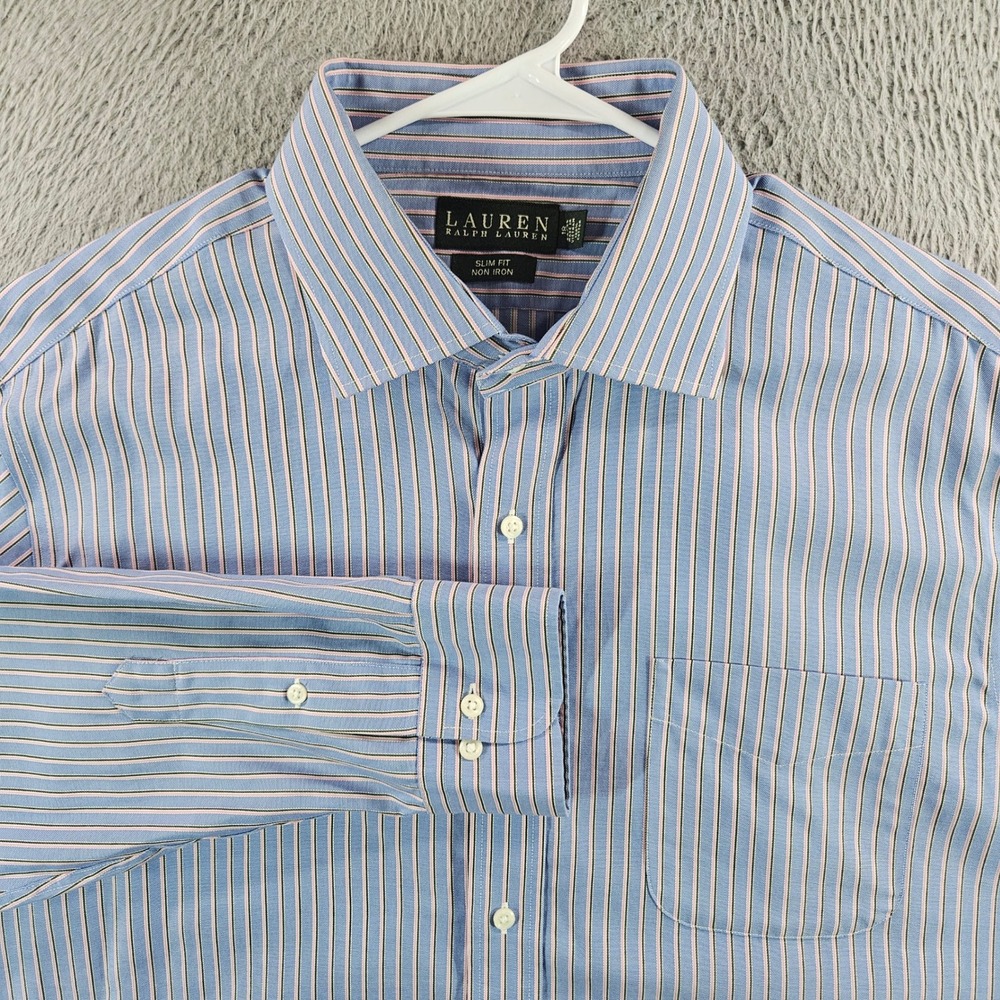 Lauren Ralph Lauren Mens 18 34/35 Slim Fit Non Iron Striped Dress Shirt Blue